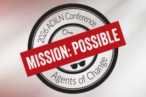 Logo for the 2026 ADILN conference showing two circles with a spyglass and sun glasses and red "Mission: Possible" across all.