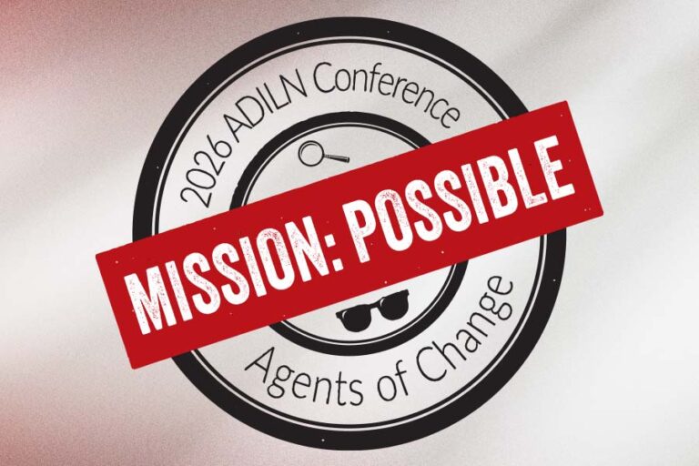 Logo for the 2026 ADILN conference showing two circles with a spyglass and sun glasses and red "Mission: Possible" across all.